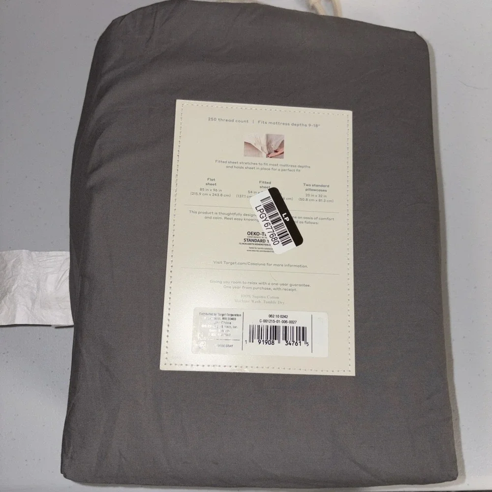 Casaluna Supima Percale Sheet Set Full Size Dark Gray 250 Thread Count